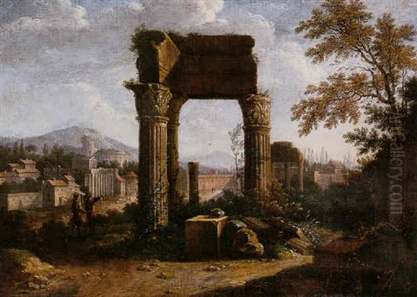 A Capriccio Of A Roman Forum With Travellers Oil Painting by Abraham Genoels