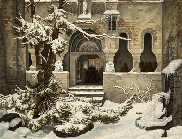 Monastery Courtyard In The Snow Oil Painting by Jacob Gensler