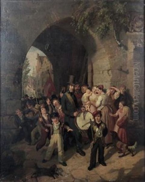 Drummer And Children Bearing Weapons Under Archway Oil Painting by Jacob Gensler