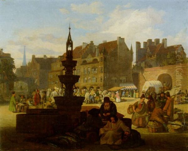 A Busy Marketplace Oil Painting by Jacob Gensler