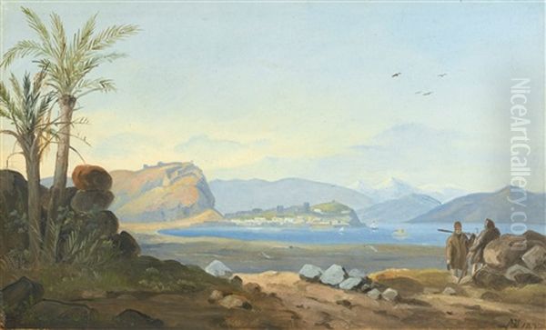 A Mediterranean Bay Oil Painting by Johann Martin Gensler