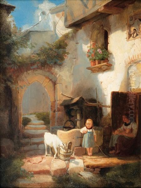 Idyll By The Well Oil Painting by Johann Martin Gensler