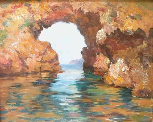 Water Flowing Under Arch-form Rock Formation Oil Painting by Lillian Genth