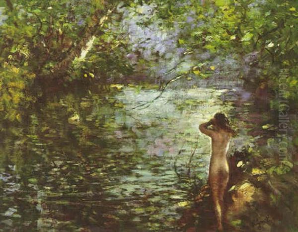 Nude Bather By The Stream Oil Painting by Lillian Genth