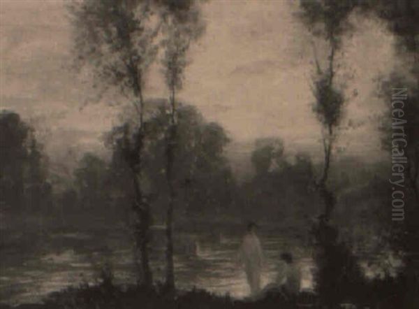 Landscape Of Figures Beside A Lake With Swans Oil Painting by Lillian Genth