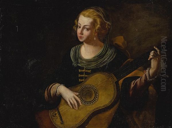 Portrait Of A Lady, Half Length, Playing A Mandolin Oil Painting by Artemisia Gentileschi