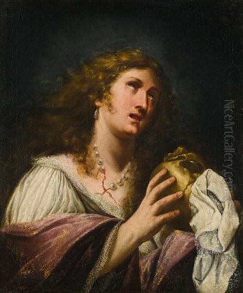 Mary Magdalene, Holding A Skull Oil Painting by Artemisia Gentileschi