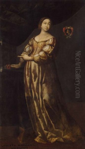 Portrait Of A Lady (achileta Marliana?) Wearing An Embroidered Yellow Dress, Pointing To Some Jewellery In An Open Drawer Oil Painting by Artemisia Gentileschi