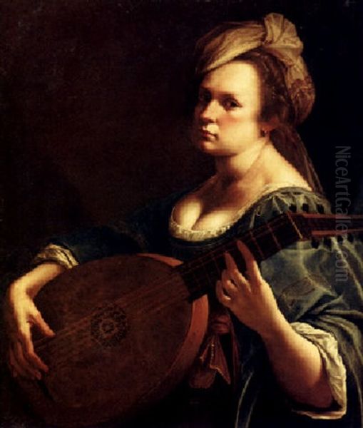 A Portrait Of A Woman Playing The Lute (self Portrait?) Oil Painting by Artemisia Gentileschi