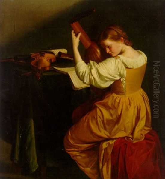 A Woman Tuning A Lute, Seated At A Draped Table With Open Manuscripts Oil Painting by Orazio Gentileschi