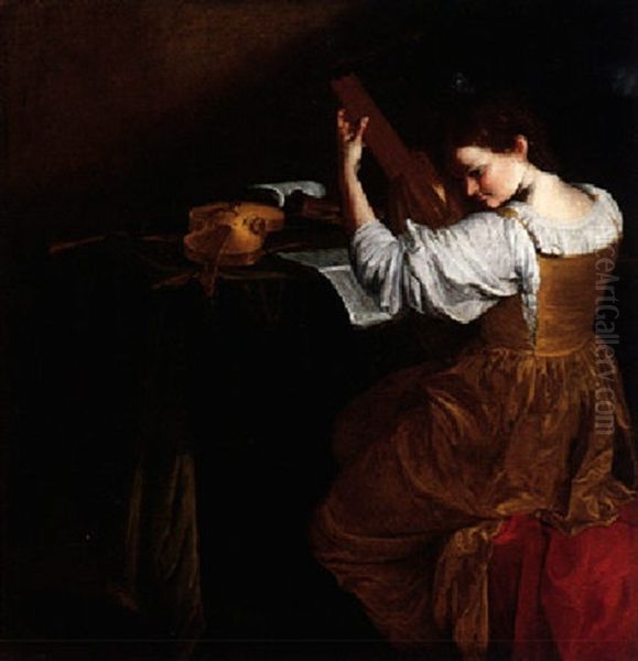 Portrait Of A Lady Playing The Lute, Seated At A Table Scattered With Insturments And Musical Scores by Orazio Gentileschi