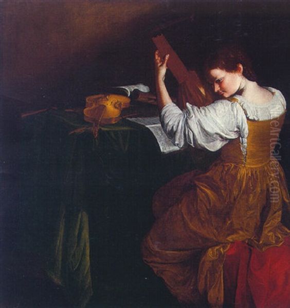 Portrait Of A Lady Playing The Lute, Seen From Behind, Seated At A Table Scattered With Instruments And Musical Scores Oil Painting by Orazio Gentileschi