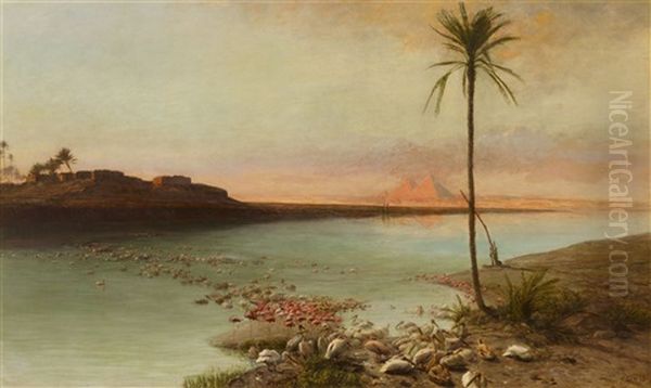 Egyptian Nile Landscape With Flamingoes And Pelicans Oil Painting by Wilhelm (Karl) Gentz