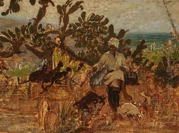 Oriental Feeding Cats At A Cemetary In Algier by Wilhelm (Karl) Gentz