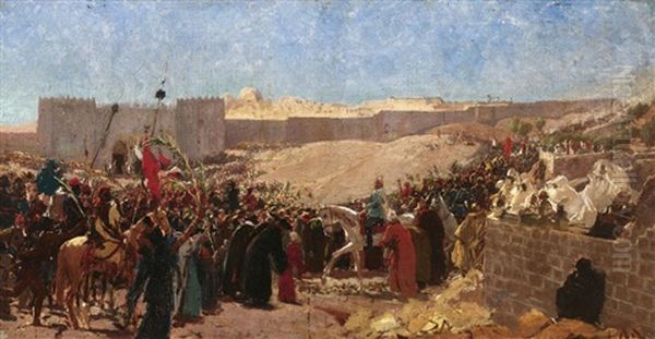 Einzug Des Kronprinzen Friedrich Von Preusen In Jerusalem (sketch + Figur Des Kronprinzen, Sketch; 2 Works) Oil Painting by Wilhelm (Karl) Gentz