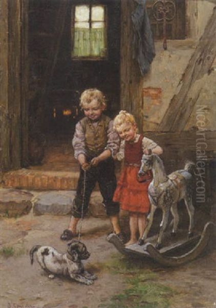 Geschwisterpaar Mit Hund Und Schaukelpferd Oil Painting by Berthold Genzmer