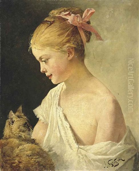 Une Jeune Fille Avec Un Chat Oil Painting by Henry Jules Jean Geoffroy