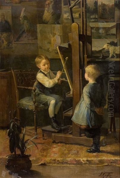 In The Artist's Studio Oil Painting by Henry Jules Jean Geoffroy