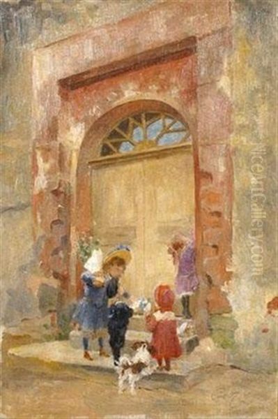 Devant L'ecole Oil Painting by Henry Jules Jean Geoffroy