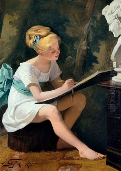 Kleines Madchen, Eine Buste Abzeichnend Oil Painting by Henry Jules Jean Geoffroy