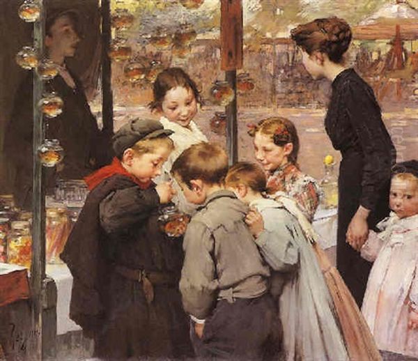 Les Poissons Rouges Oil Painting by Henry Jules Jean Geoffroy