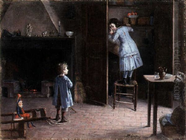 Children In An Interior Oil Painting by Henry Jules Jean Geoffroy