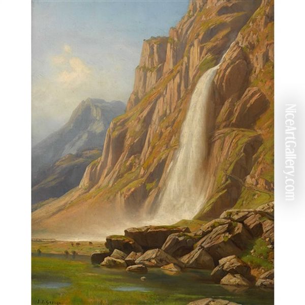 Cascade De Pissevache Oil Painting by Jean Philippe George-Julliard