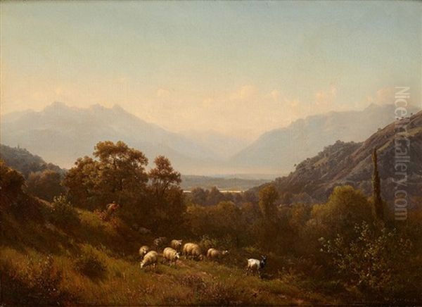 Troupeau De Moutons Dans Un Paysage Alpestre Oil Painting by Jean Philippe George-Julliard