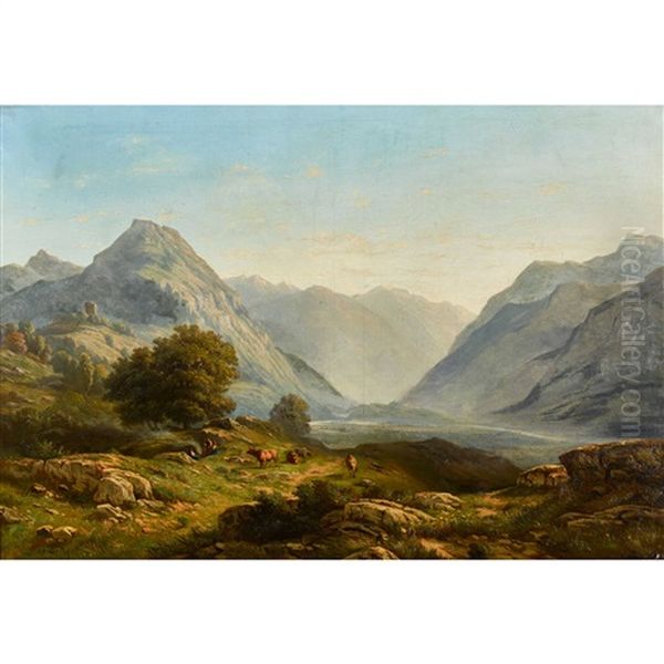 Berglandschaft Mit Weidenden Kuhen Oil Painting by Jean Philippe George-Julliard