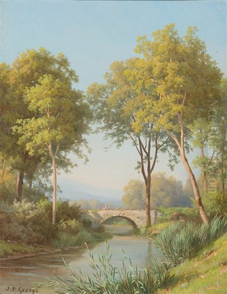 Sommerliche Flusslandschaft Mit Brucke Und Reiter Oil Painting by Jean Philippe George-Julliard