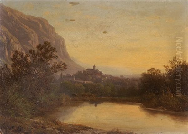 Dorf An Fluss In Abenddammerung Oil Painting by Jean Philippe George-Julliard