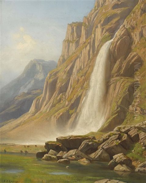 Cascade De Pissevache Oil Painting by Jean Philippe George-Julliard