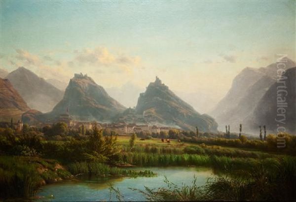 Vue De Valere Et Tourbillon A Sion Oil Painting by Jean Philippe George-Julliard