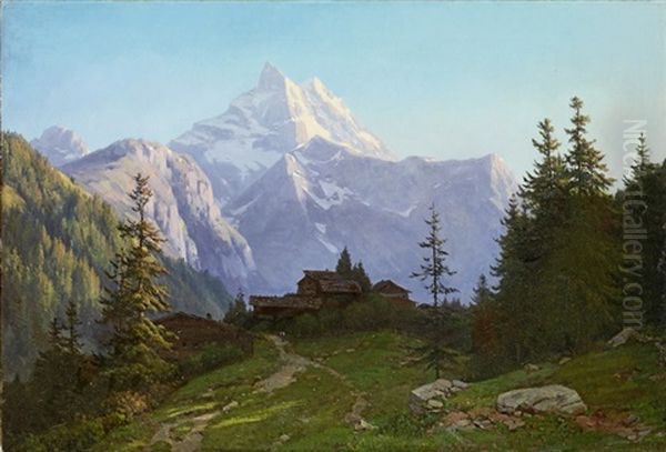 Gebirgslandschaft Mit Ausblick Auf Das Matterhorn Oil Painting by Jean Philippe George-Julliard