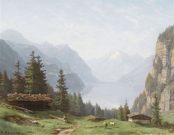 Hirte Und Vieh Oberhalb Des Viewaldstattersees (+ Urnersee Mit Blick Auf Den Urirotstock; Pair) Oil Painting by Jean Philippe George-Julliard