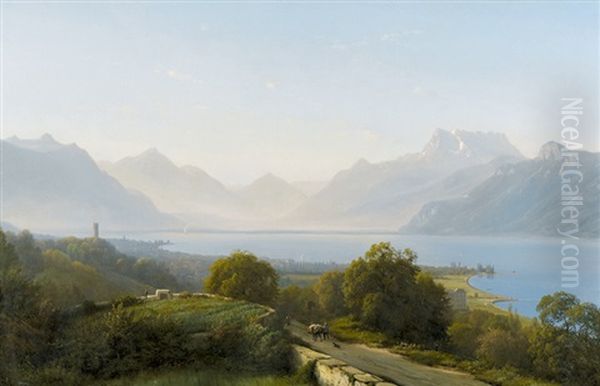 Vue De Vevey Et Les Dents Du Midi Au Soleil Couchant Oil Painting by Jean Philippe George-Julliard