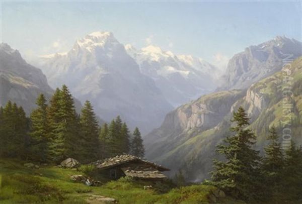 Alphutte In Den Schweizer Bergen Oil Painting by Jean Philippe George-Julliard