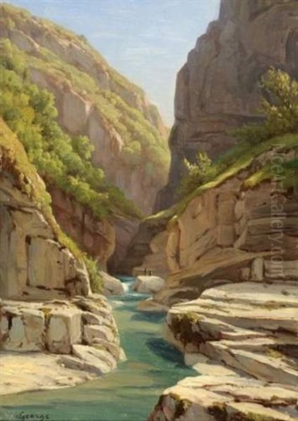 Pecheurs Dans Une Riviere De Montagne Oil Painting by Jean Philippe George-Julliard