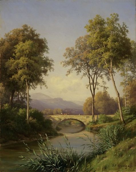 Flusslauf Mit Brucke Oil Painting by Jean Philippe George-Julliard