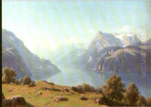 Lac Des Quatre-cantons; Der Urnersee Von Morschach Aus Oil Painting by Jean Philippe George-Julliard