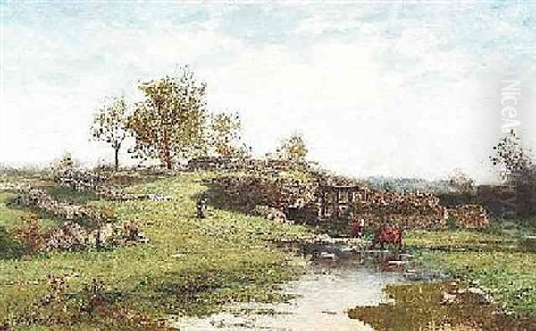 Die Schleuse Von Optevoz In Barbizon Oil Painting by Jean Philippe George-Julliard