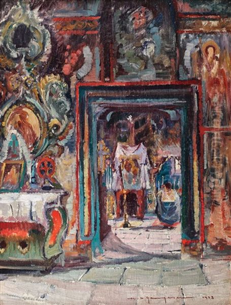 Interior De Biserica Romaneasca Oil Painting by Marin H. Georgescu