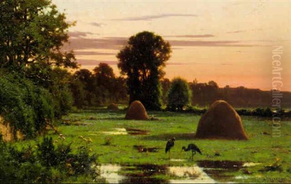 Flamants Roses Et Meules Au Petit Matin Oil Painting by Charles-Jean Georget