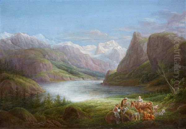 A Mountain Lake With An Artist And Shepherds Oil Painting by Friedrich Otto Georgi