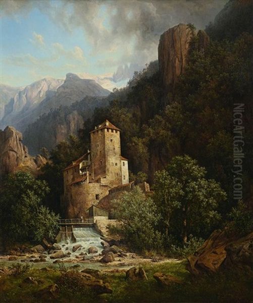 Burg An Einem Gebirgsbach Oil Painting by Friedrich Otto Georgi