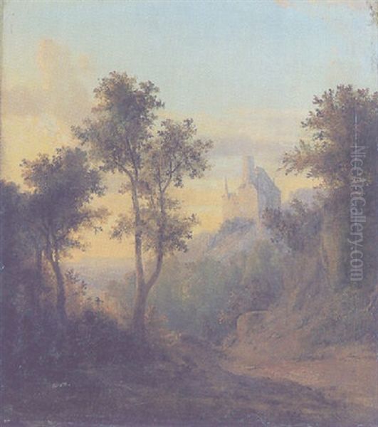 Weitere Landschaft, Rechts Auf Einem Hugel Burganlage Oil Painting by Friedrich Otto Georgi