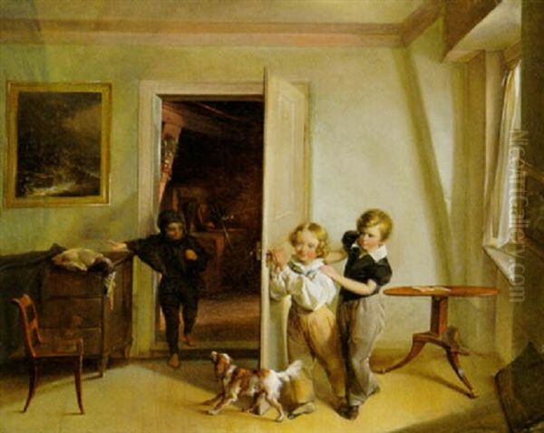 Knaben Mit Einem Hund Im Versteck Hinter Der Tur Zur Kuche Oil Painting by Friedrich Traugott Georgi