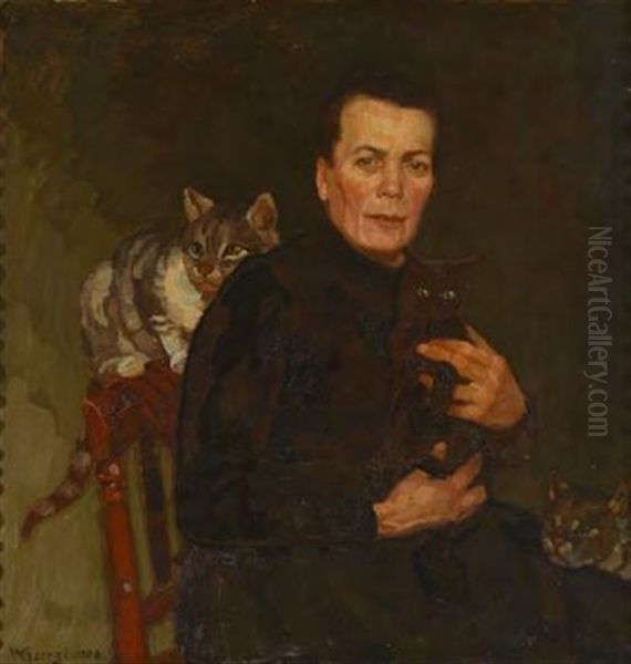 Portrat Einer Dame Mit Drei Katzen Oil Painting by Walter Georgi