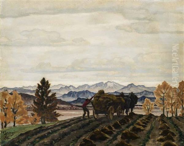 Bauer Mit Pferdefuhrwerk Auf Dem Acker Vor Weiter Landschaft, Beim Mistbreiten by Walter Georgi