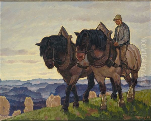 Heimkehrender Bauer Mit Zwei Pferden In Abendlicher Landschaft Oil Painting by Walter Georgi